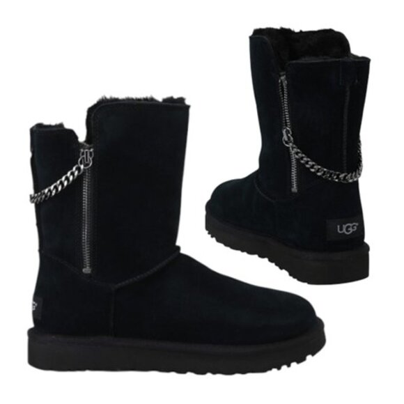 NEW UGG Classic Short Sparkle Zip Chain Boots Black Suede Size 10 Comfy Warm - Picture 1 of 12